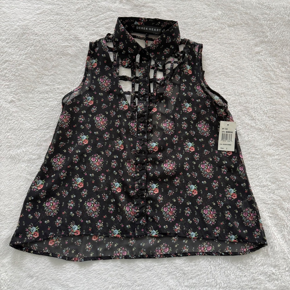 Derek Heart Black Floral Lattice Cutout Sleeveless Collared Button Shirt Size S